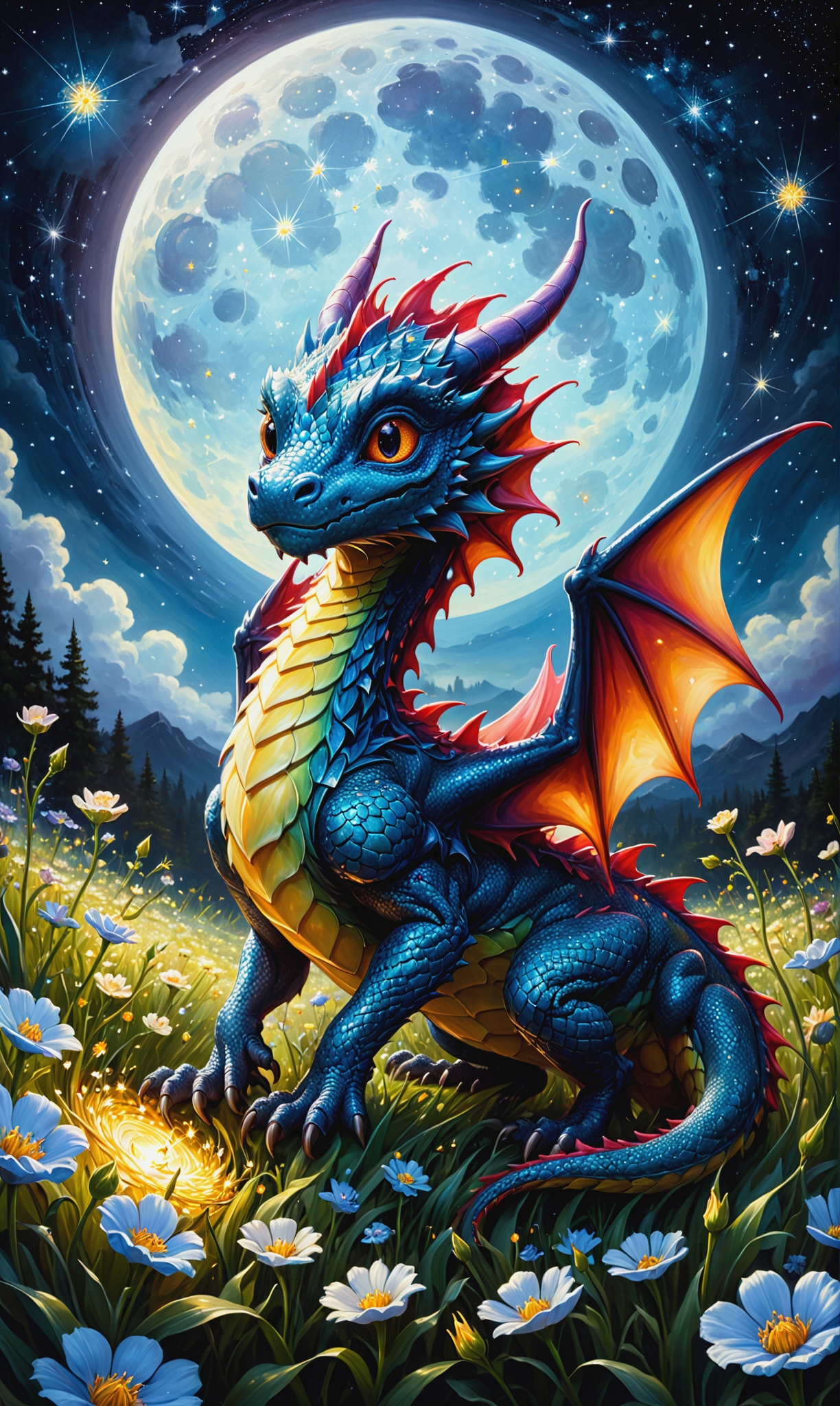 00887-224517316-art by Phil Koch, Meghan Howland _painting of a cute tiny fantasy dragon in a moonlit glowing flower field, starry sky, fireflie.png